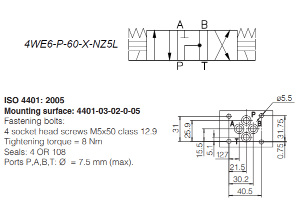A Válvula Eletro Hidráulica Direcional 4WE6-P-60-X-NZ5L é uma  válvula direcional com 3 posições e 4 vias e carretel centrado por mola.