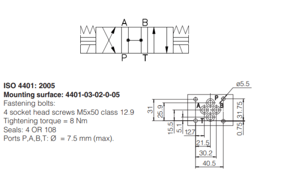 A Válvula Direcional Eletro Hidráulica DHE-0710-00 possui 3 posições e 4 vias, carretel centrado por mola. Montada conforme Norma ISO 4401.