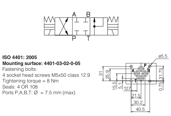 A Válvula Direcional Eletro Hidráulica DHE-07119 possui 3 posições e 4 vias, carretel centrado por mola e é montada conforme Norma ISO 4401.