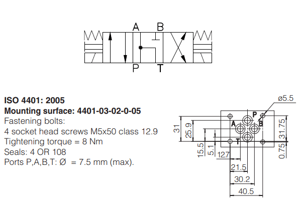 A Válvula Direcional Eletro Hidráulica DHE-0715-00 possui 3 posições e 4 vias, carretel centrado por mola e é montada conforme Norma ISO 4401.