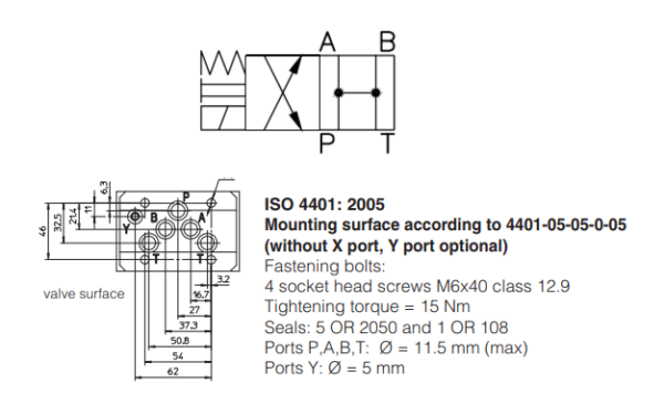A Válvula Direcional Eletro Hidráulica DKE-1610-00 possui 2 posições e 4 vias, carretel centrado por mola e é montada conforme Norma ISO 4401.