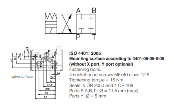 A Válvula Direcional Eletro Hidráulica DKE-1611-00 possui 2 posições e 4 vias, carretel centrado por mola e é montada conforme Norma ISO 4401.