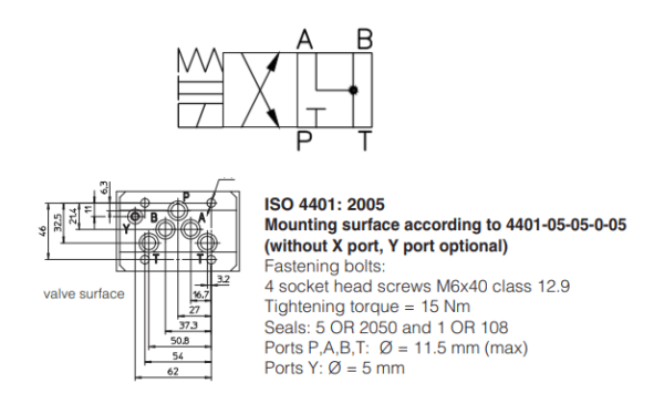 A Válvula Direcional Eletro Hidráulica DKE-1613-00 possui 2 posições e 4 vias, carretel centrado por mola e é montada conforme Norma ISO 4401.