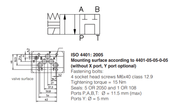 A Válvula Direcional Eletro Hidráulica DKE-1614-00 possui 2 posições e 4 vias, carretel centrado por mola e é montada conforme Norma ISO 4401.