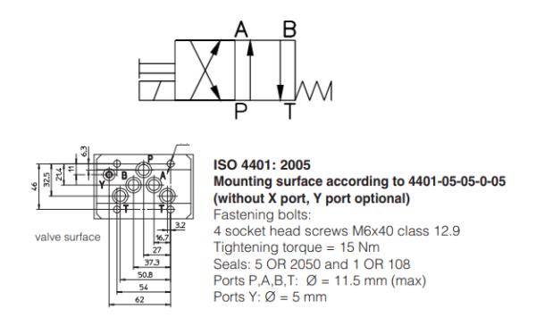 A Válvula Direcional Eletro Hidráulica DKE-1630/2-00 possui 2 posições e 4 vias, carretel centrado por mola e é montada conforme Norma ISO 4401.