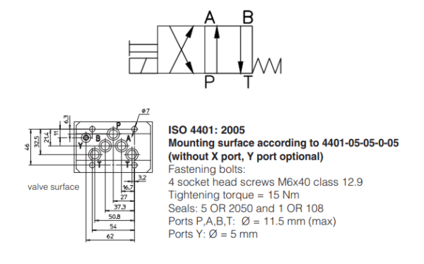 A Válvula Direcional Eletro Hidráulica DKE-1631/2-00 possui 2 posições e 4 vias, carretel centrado por mola e é montada conforme Norma ISO 4401.