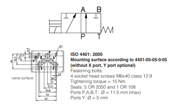 A Válvula Direcional Eletro Hidráulica DKE-1632/2-00 possui 2 posições e 4 vias, carretel centrado por mola e é montada conforme Norma ISO 4401.
