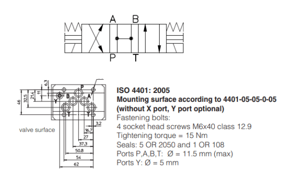 A Válvula Direcional Eletro Hidráulica DKE-1710-00 possui 3 posições e 4 vias, carretel centrado por mola. Montada conforme Norma ISO 4401.