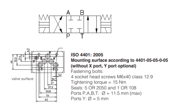 A Válvula Direcional Eletro Hidráulica DKE-1711-00 possui 3 posições e 4 vias, carretel centrado por mola e é montada conforme Norma ISO 4401.