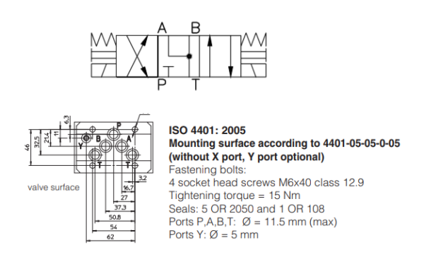 A Válvula Direcional Eletro Hidráulica DKE-1713-00 possui 3 posições e 4 vias, carretel centrado por mola. Montada conforme Norma ISO 4401.