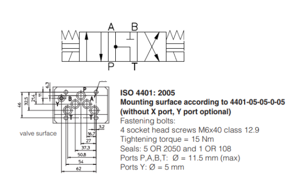 A Válvula Direcional Eletro Hidráulica DKE-1715-00 possui 3 posições e 4 vias, carretel centrado por mola. Montada conforme Norma ISO 4401.