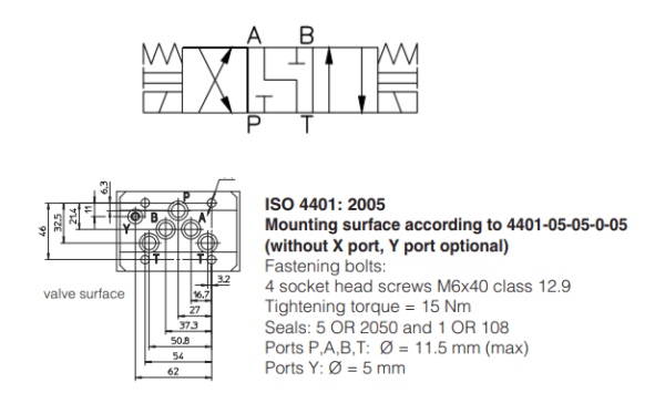 A Válvula Direcional Eletro Hidráulica DKE-1716-00 possui 3 posições e 4 vias, carretel centrado por mola e é montada conforme Norma ISO 4401.