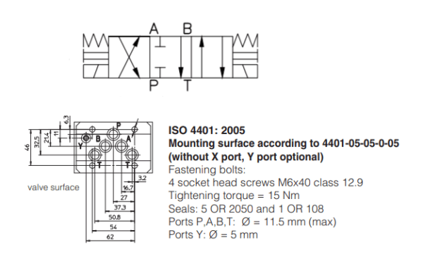 A Válvula Direcional Eletro Hidráulica DKE-1717-00 possui 3 posições e 4 vias, carretel centrado por mola. Montada conforme Norma ISO 4401.