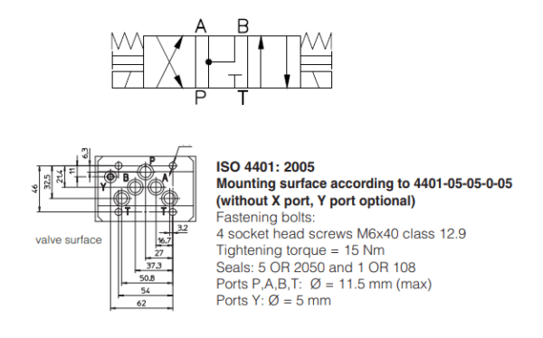 A Válvula Direcional Eletro Hidráulica DKE-1718-00 possui 3 posições e 4 vias, carretel centrado por mola. Montada conforme Norma ISO 4401.