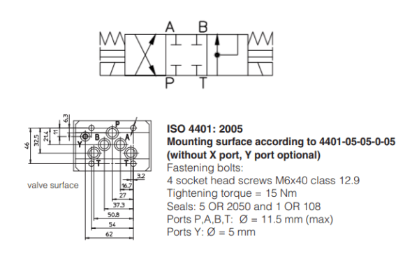 A Válvula Direcional Eletro Hidráulica DKE-17119-00 possui 3 posições e 4 vias, carretel centrado por mola e é montada conforme Norma ISO 4401.